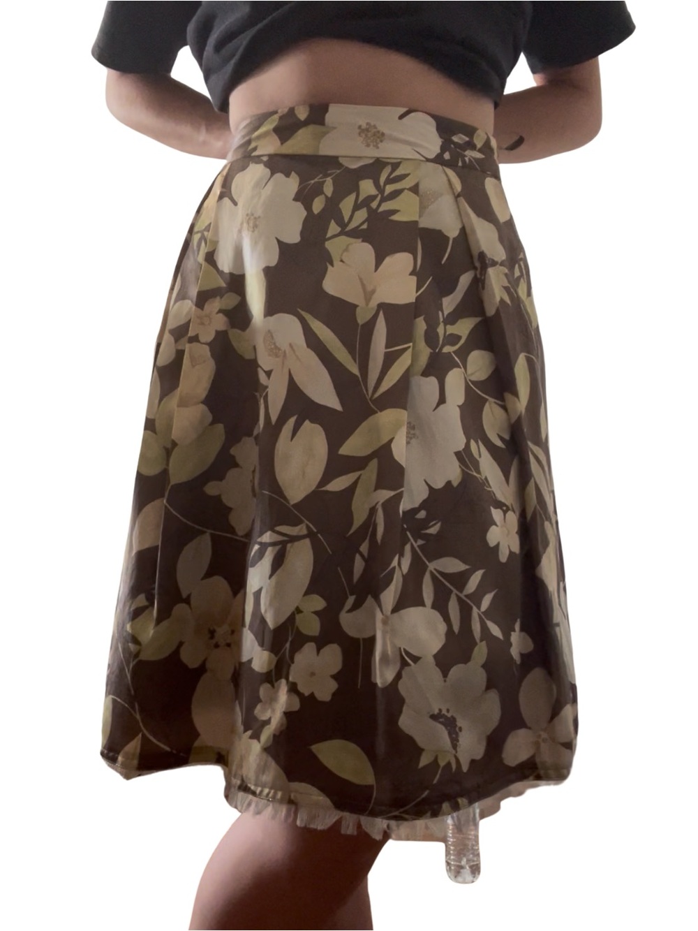 Banana Republic Brown Floral A-Line Skirt with Cream Blooms